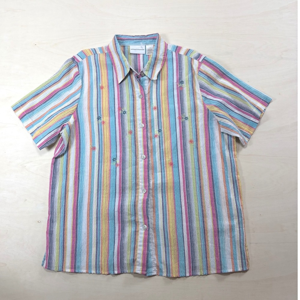 Alfred Dunner Womens 16 Striped Floral Embroidered Button Down Shirt Multi Color